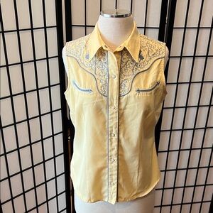 Roper Vintage Pearl Snap Western Embroidered Yellow Sleeveless Shirt Size Medium